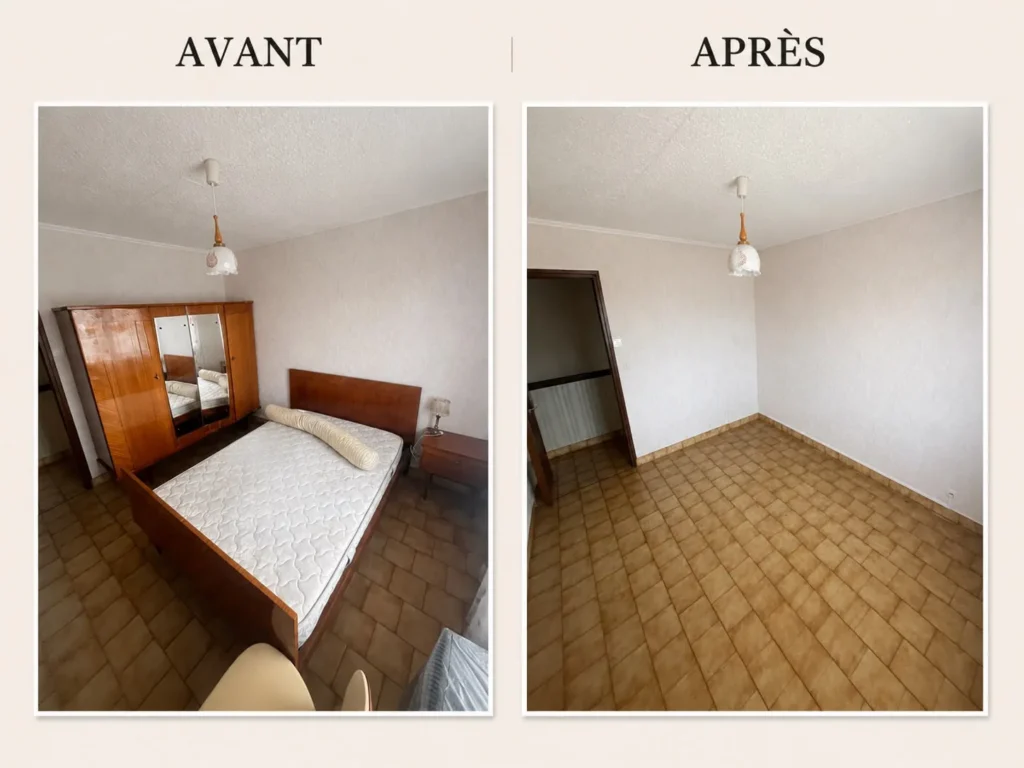 Avant et après : chambre vidée de son mobilier