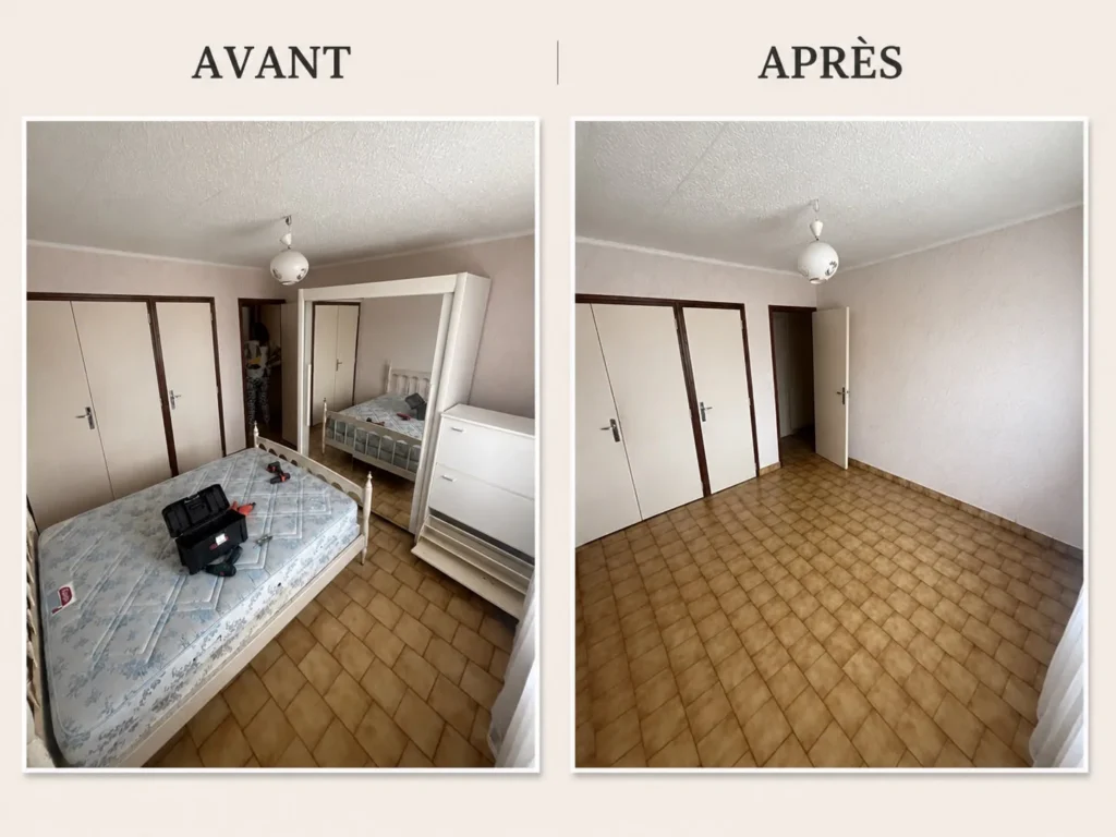 Avant et après : chambre débarrassée et nettoyée