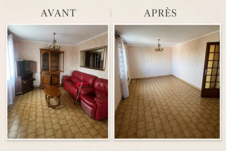 Avant et après : séjour vidé lors d'un débarras de maison dans l'Hérault