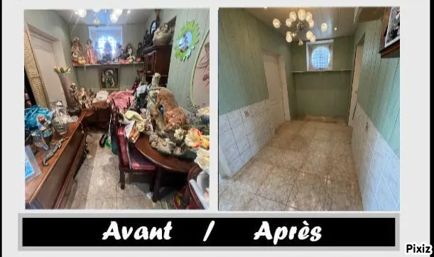 Avant et après : pièce chargée de bibelots et de vaisselle, vidée, dans une maison de Marsillargues