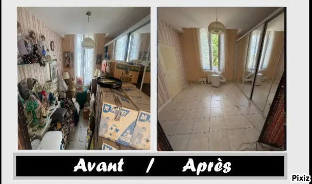 Avant et après : pièce encombrée de cartons puis vidée, maison de Marsillargues