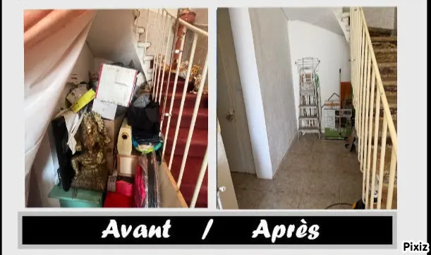 Avant et après : cage d'escalier encombrée puis dégagée, maison de Marsillargues