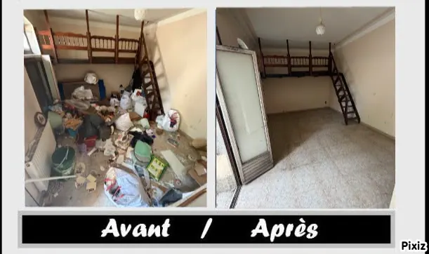 Avant et après : pièce à mezzanine vidée, maison de Marsillargues