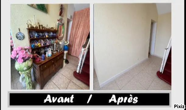 Avant et après : salle à manger et vaisselier vidés, maison de Marsillargues