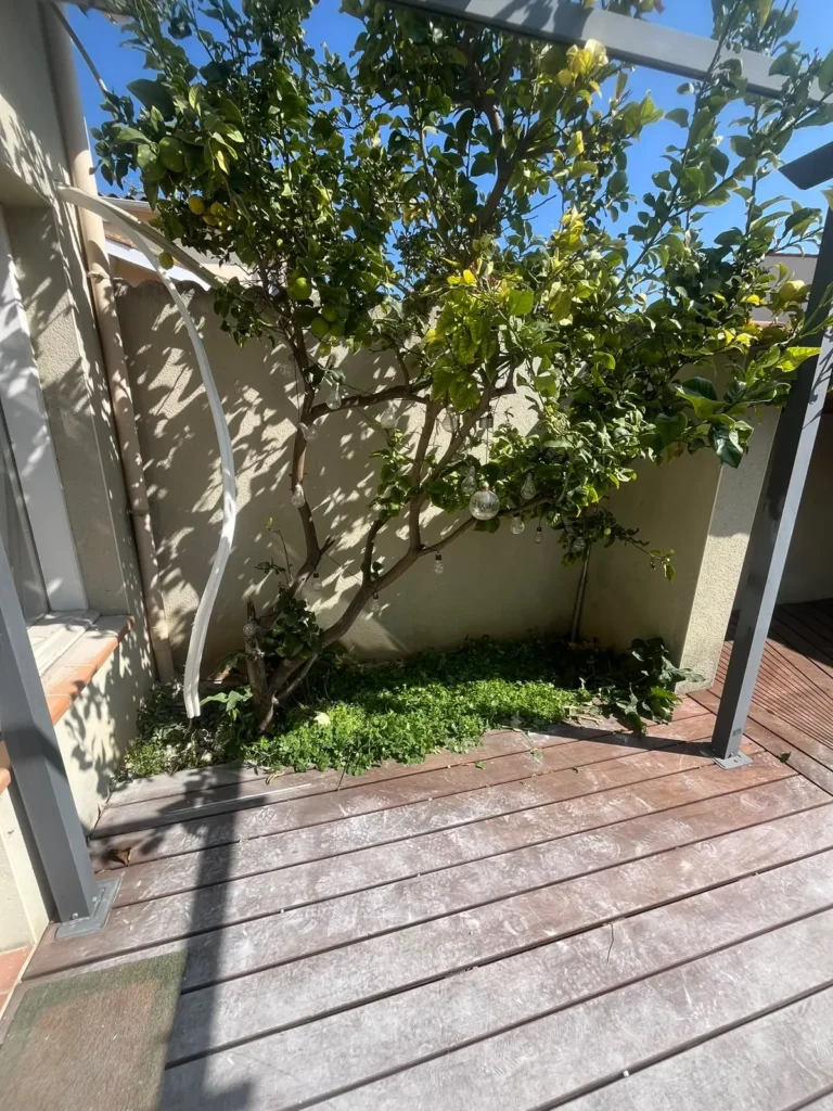 Terrasse dégagée et balayée après l'évacuation des déchets de chantier, à Sète